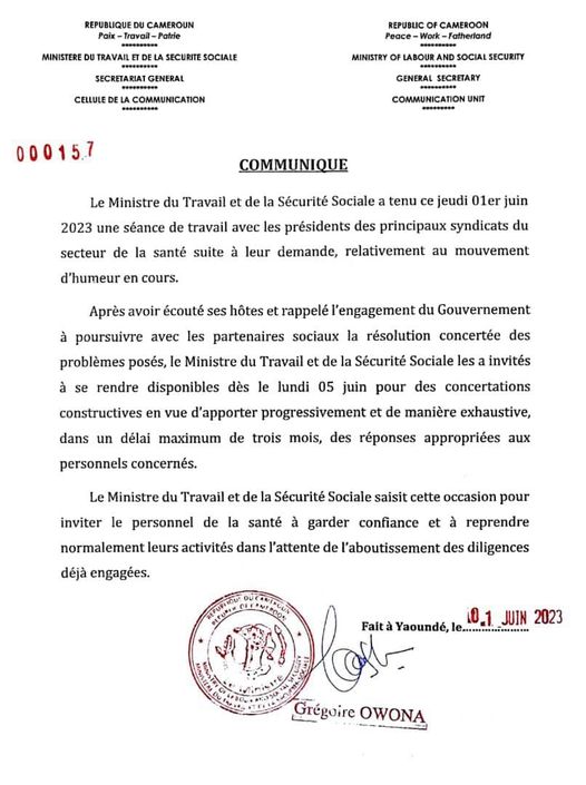 Société/Grève dans les hôpitaux : le ministre du travail et de la sécurité sociale Grégoire Owona promet des réponses d’ici 3 mois.