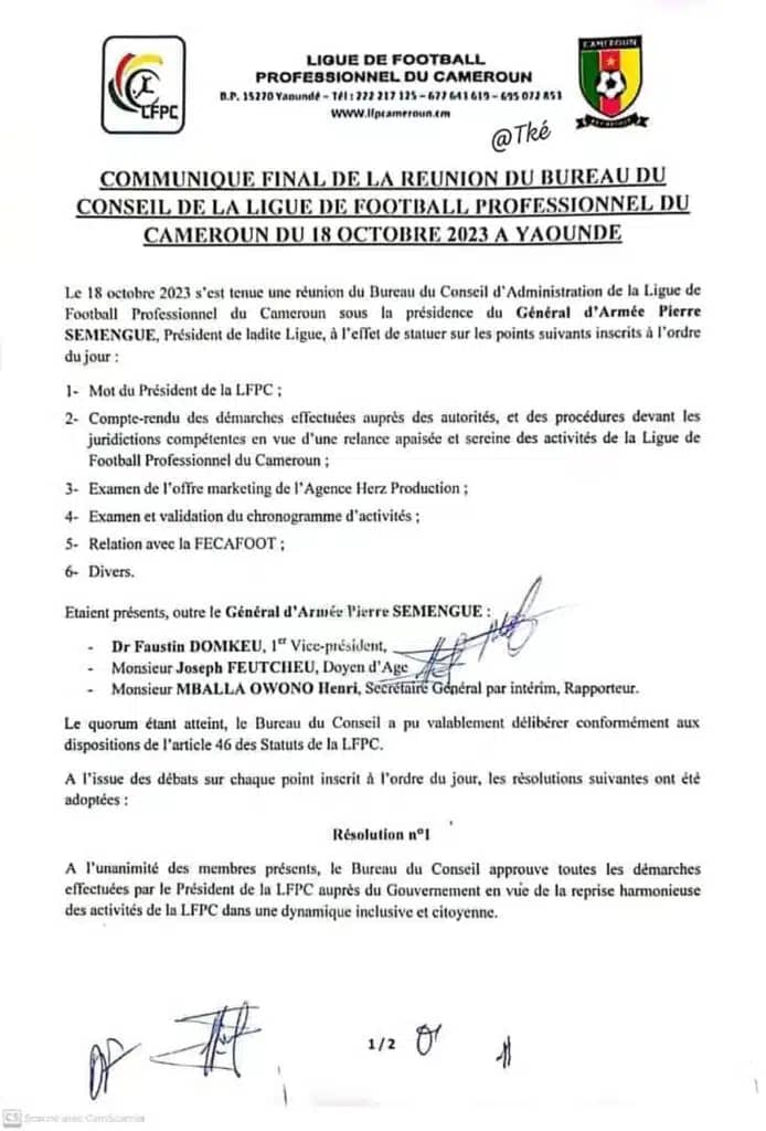 Sport/Football : Le général Pierre Semengue prend des résolutions après la tenue du Conseil de la LFPC