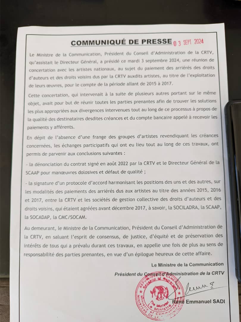 Droits d'auteur au Cameroun: la Crtv s'engage à régler sa dette