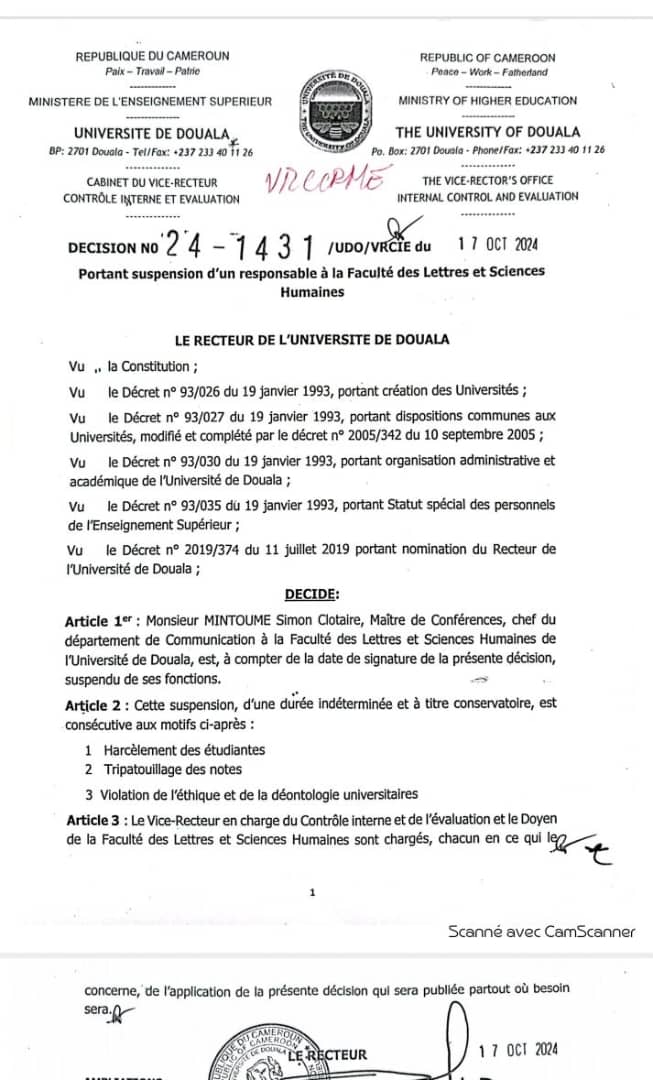 Université de Douala : le Chef de département de Communication suspendu pour harcèlement sexuel