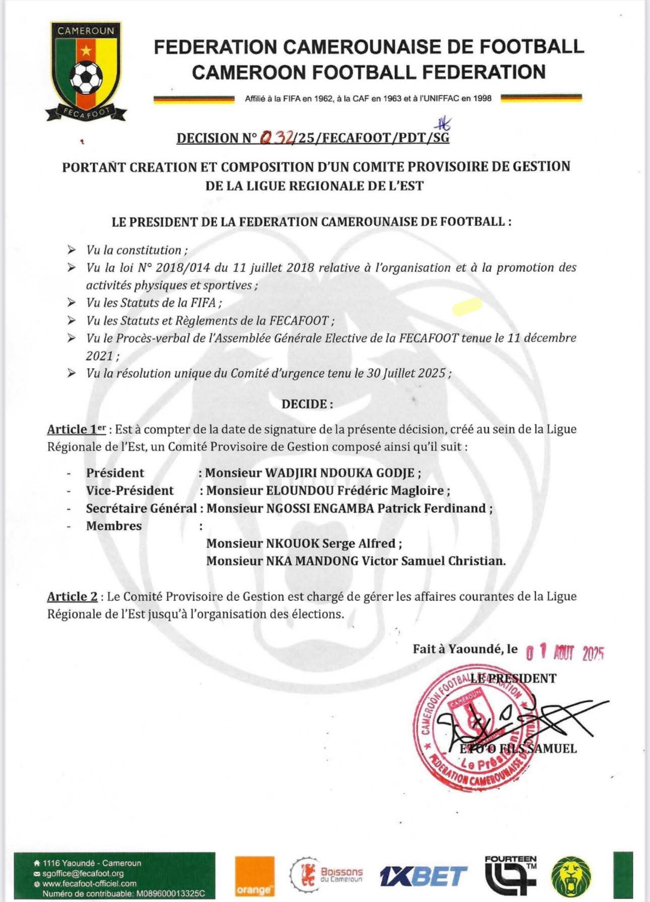 Fecafoot : un comité provisoire prend les rênes de la Ligue régionale de l’Est