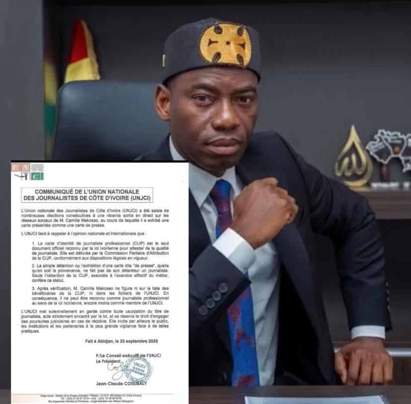Côte d’Ivoire : L’UNJCI dément Camille Makosso et le menace de poursuites pour usurpation du titre de journaliste