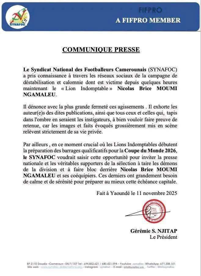 Sport / Football : le SYNAFOC soutient Moumi Ngamaleu