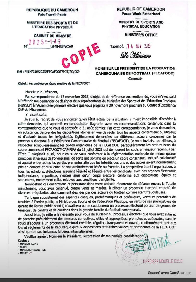 Sport / Crise électorale à la FECAFOOT : le minister suspend le vote