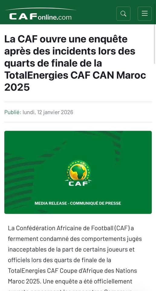 CAN 2025 : la CAF ouvre une enquête sur les comportements observés lors des quarts de finale