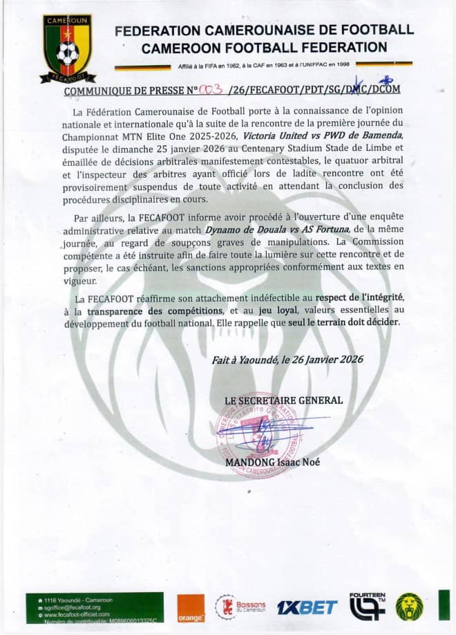 MTN Elite One : Soupçons de corruption, la FECAFOOT suspend plusieurs arbitres