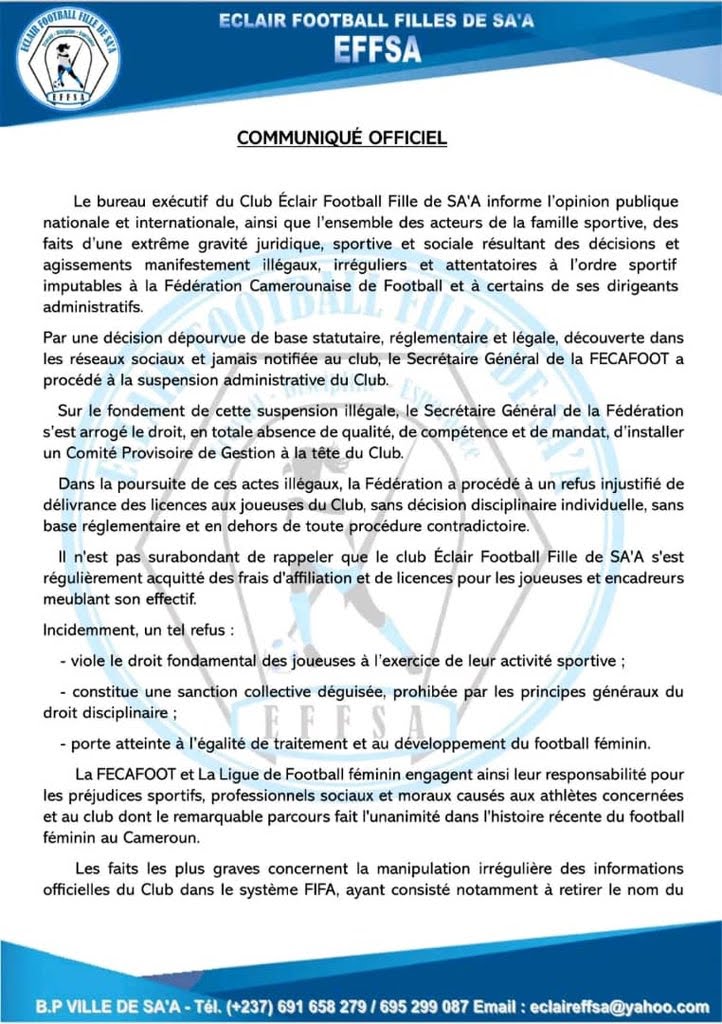 Conflit administratif : l'ancien bureau d'Éclair de Sa’a saisit les juridictions contre la FECAFOOT