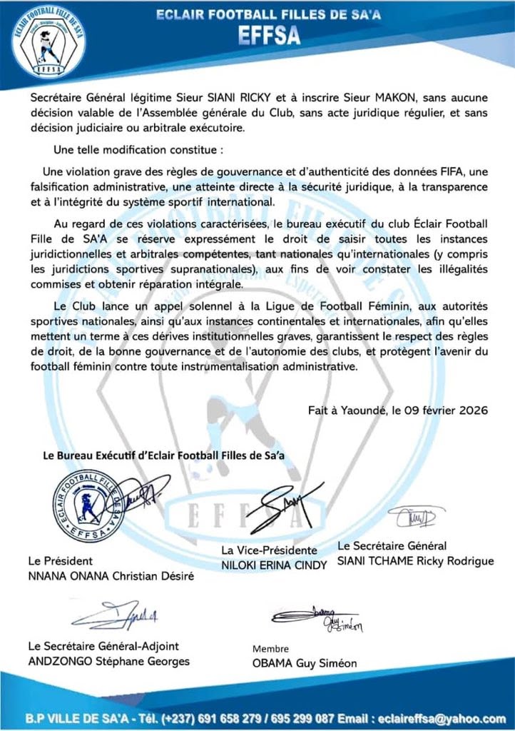 Conflit administratif : l'ancien bureau d'Éclair de Sa’a saisit les juridictions contre la FECAFOOT