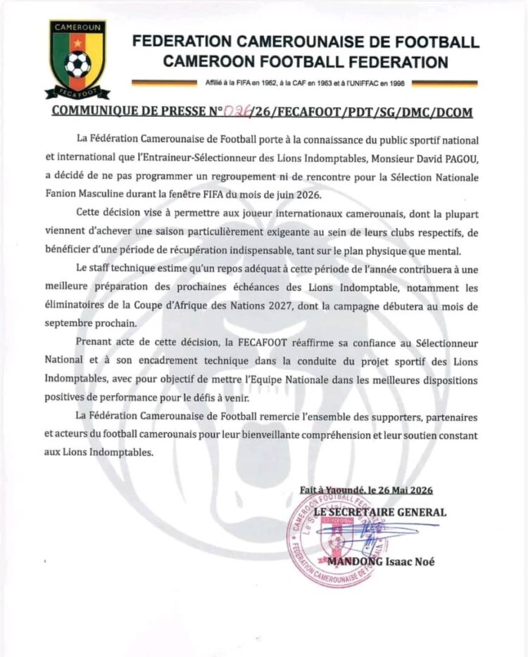 Lions Indomptables : Pourquoi David Pagou a annulé le rassemblement de juin 2026